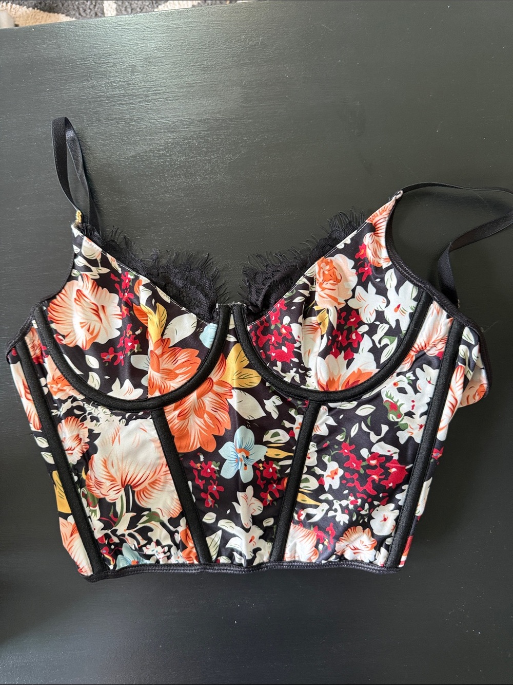 SHEIN Black Floral Lace Trim Bustier Crop Top